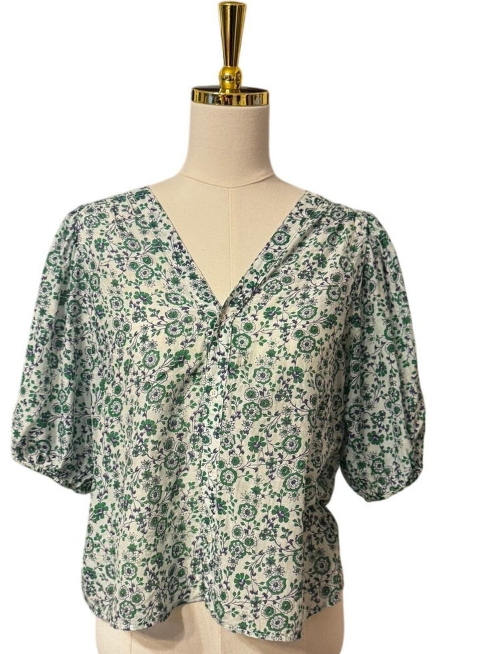 Xirena Green & Purple Floral Cotton Puff Sleeve Button Front Blouse Size M Boho
